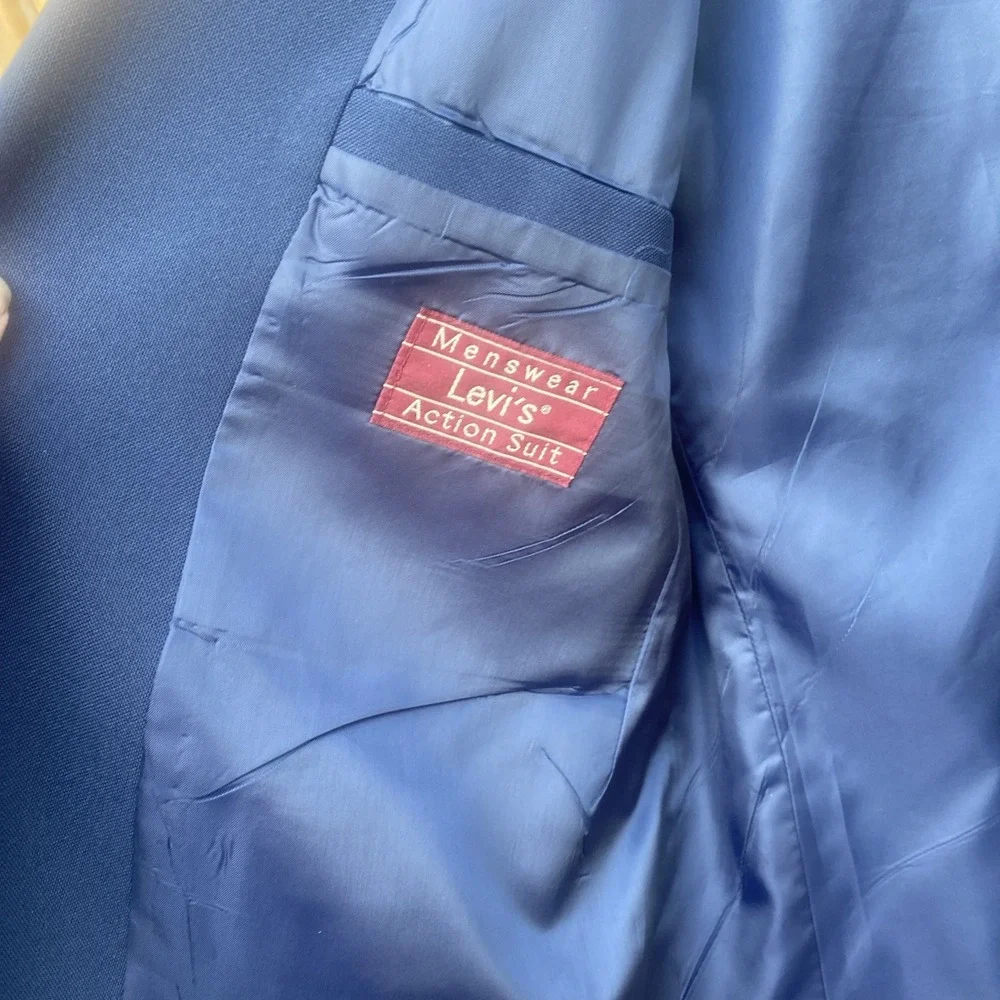 VTG Levi's‎ Action Suit Blazer Men's 44R Navy Blue Polyester Jacket Sport Coat